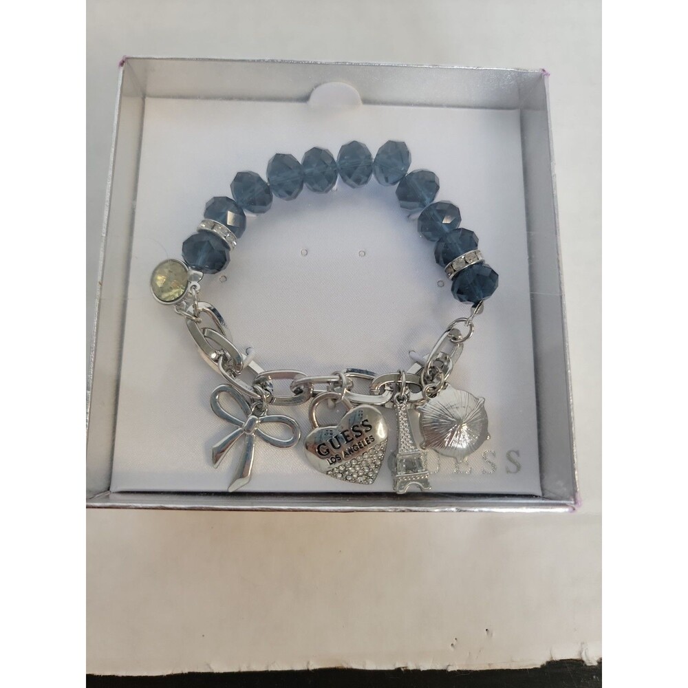 Guess Charm Bracelet France Eiffel Tower Silver Tone Blue Gems